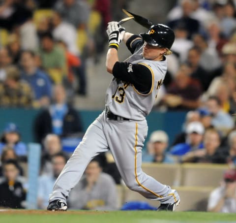 Apr 14, 2008; Los Angeles, CA, USA; Pittsburgh Pirates center fielder Nate McLouth (13) breaks his bat during 6-4 victory over the Los Angeles Dodgers at Dodger Stadium. Mandatory Credit: Kirby Lee/Image of Sport-USA TODAY Sports