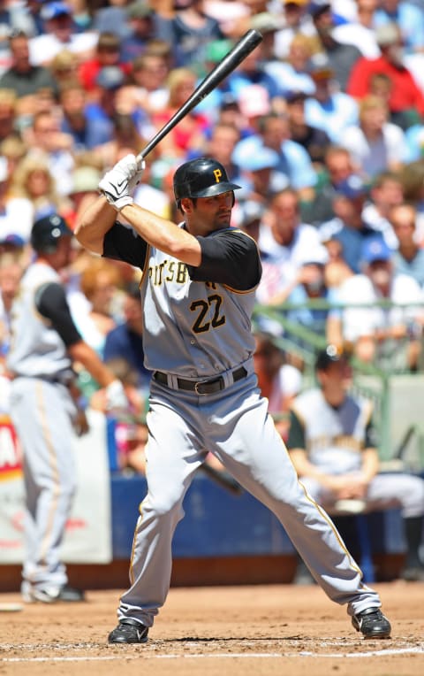 July 4, 2008; Milwaukee, WI, USA; Pittsburgh Pirates outfielder Xavier Nady (22) bats during the game against the Milwaukee Brewers at Miller Park. Mandatory Credit: Jeff Hanisch-USA TODAY Sports