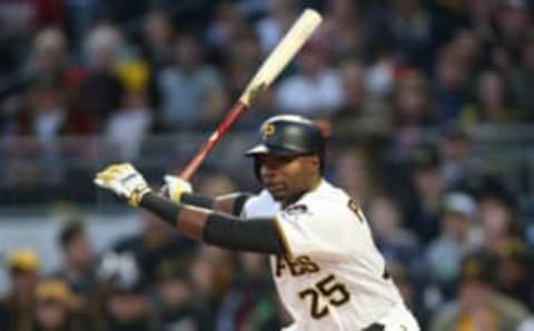 Apr 8, 2017; Pittsburgh, PA, USA; Pittsburgh Pirates left fielder Gregory Polanco (25) singles against the Atlanta Braves during the second inning at PNC Park. Mandatory Credit: Charles LeClaire-USA TODAY Sports