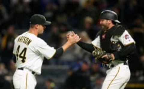 Apr 8, 2017; Pittsburgh, PA, USA; Pittsburgh Pirates relief pitcher Tony Watson (44) and catcher Francisco Cervelli (29) celebrate after defeating the Atlanta Braves at PNC Park. The Pirates won 6-4. Mandatory Credit: Charles LeClaire-USA TODAY Sports