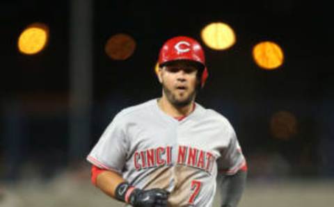 Apr 10, 2017; Pittsburgh, PA, USA; Cincinnati Reds third baseman Eugenio Suarez (7) rounds the bases on a solo home run against the Pittsburgh Pirates during the fifth inning at PNC Park. Mandatory Credit: Charles LeClaire-USA TODAY Sports