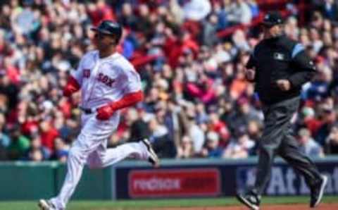 Apr 13, 2017; Boston, MA, USA; Boston Red Sox third baseman Marco Hernandez runs to second base after hitting an RBI double during the second inning against the Pittsburgh Pirates at Fenway Park. Mandatory Credit: Bob DeChiara-USA TODAY Sports