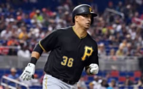 Apr 28, 2017; Miami, FL, USA; Pittsburgh Pirates right fielder Jose Osuna (36) connects for a base hit during the sixth inning against the Miami Marlins at Marlins Park. Mandatory Credit: Steve Mitchell-USA TODAY Sports