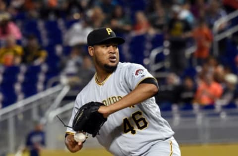 Apr 29, 2017; Miami, FL, USA; Pittsburgh Pirates starting pitcher Ivan Nova (46) delivers a pitch during the first inning against the Miami Marlins at Marlins Park. Mandatory Credit: Steve Mitchell-USA TODAY Sports