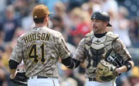 May 18, 2017; Pittsburgh, PA, USA; Pittsburgh Pirates relief pitcher Daniel Hudson (41) and catcher Chris Stewart (19) celebrate after defeating the Washington Nationals at PNC Park. Mandatory Credit: Charles LeClaire-USA TODAY Sports