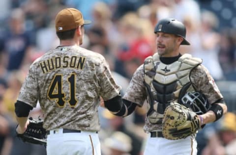 May 18, 2017; Pittsburgh, PA, USA; Pittsburgh Pirates relief pitcher Daniel Hudson (41) and catcher Chris Stewart (19) celebrate after defeating the Washington Nationals at PNC Park. Mandatory Credit: Charles LeClaire-USA TODAY Sports