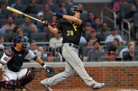 May 23, 2017; Atlanta, GA, USA; Pittsburgh Pirates right fielder John Jaso (28) singles to drive in a run against the Atlanta Braves during the third inning at SunTrust Park. Mandatory Credit: Dale Zanine-USA TODAY Sports