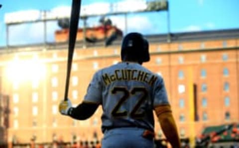 Jun 7, 2017; Baltimore, MD, USA; Pittsburgh Pirates outfielder Andrew McCutchen (22) waits on deck in the second inning against the Baltimore Orioles at Oriole Park at Camden Yards. Mandatory Credit: Evan Habeeb-USA TODAY Sports