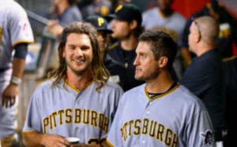 Apr 24, 2016; Phoenix, AZ, USA; Pittsburgh Pirates first baseman John Jaso (left) and third baseman David Freese against the Arizona Diamondbacks at Chase Field. Mandatory Credit: Mark J. Rebilas-USA TODAY Sports