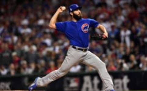 Nov 1, 2016; Cleveland, OH, USA; Chicago Cubs starting pitcher Jake Arrieta throws a pitch against the Cleveland Indians in the first inning in game six of the 2016 World Series at Progressive Field. Mandatory Credit: Ken Blaze-USA TODAY Sports