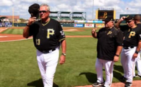 Feb 28, 2017; Bradenton, FL, USA; Pittsburgh Pirates manager Clint Hurdle (13) walks off the field before the start of the spring training game against the Toronto Blue Jays at McKechnie Field. Mandatory Credit: Jonathan Dyer-USA TODAY Sports