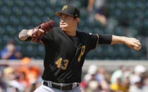 Mar 2, 2017; Lakeland, FL, USA; Pittsburgh Pirates starting pitcher Steven Brault (43) throws a pitch during the first inning of a MLB spring training baseball game against the Detroit Tigers at Joker Marchant Stadium. Mandatory Credit: Reinhold Matay-USA TODAY Sports