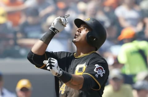 Mar 2, 2017; Lakeland, FL, USA; Pittsburgh Pirates first baseman Jose Osuna (64) looks toward the heavens after crossing home plate following a solo home run during the second inning of a MLB spring training baseball game against the Detroit Tigers at Joker Marchant Stadium. Mandatory Credit: Reinhold Matay-USA TODAY Sports