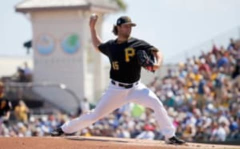 Mar 19, 2017; Bradenton, FL, USA; Pittsburgh Pirates starting pitcher Gerrit Cole (45) throws a pitch during the first inning against the Toronto Blue Jays at McKechnie Field. Mandatory Credit: Kim Klement-USA TODAY Sports