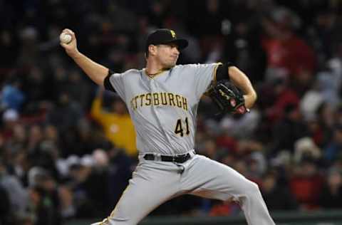 Apr 5, 2017; Boston, MA, USA; Pittsburgh Pirates starting pitcher Daniel Hudson (41) during the eighth inning against the Boston Red Sox at Fenway Park. Mandatory Credit: Bob DeChiara-USA TODAY Sports