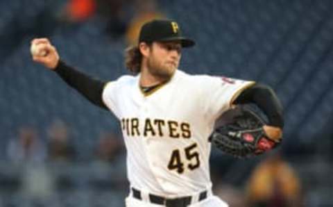 Apr 25, 2017; Pittsburgh, PA, USA; Pittsburgh Pirates starting pitcher Gerrit Cole (45) delivers a pitch against the Chicago Cubs during the first inning at PNC Park. Mandatory Credit: Charles LeClaire-USA TODAY Sports