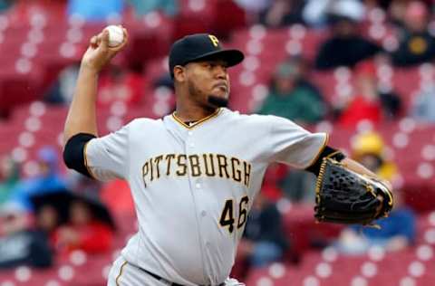 May 4, 2017; Cincinnati, OH, USA; Pittsburgh Pirates starting pitcher Ivan Nova throws against the Cincinnati Reds during the first inning at Great American Ball Park. Mandatory Credit: David Kohl-USA TODAY Sports