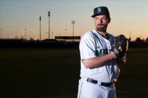 Feb 21, 2012; Peoria, AZ, USA; Seattle Mariners relief pitcher George Sherrill (52) poses for a picture during the Mariners photo day at the Peoria Sports Complex. Mandatory Credit: Jake Roth-US PRESSWIRE