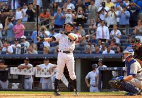 August 20, 2013; Bronx, NY, USA; New York Yankees outfielder Ichiro Suzuki bats in the eighth inning against the Toronto Blue Jays at Yankee Stadium. Mandatory Credit: John Munson/THE STAR-LEDGER via USA TODAY Sports