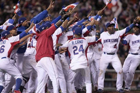 Mar 19, 2013; San Francisco, CA, USA; Dominican Republic celebrate after defeating Puerto Rico to win the World Baseball Classic championship at AT&T Park. Dominican Republic defeated Puerto Rico 3-0. Mandatory Credit: Kelley L Cox-USA TODAY Sports