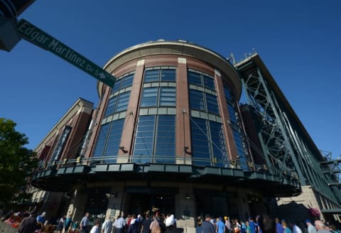 Aug 5, 2013; Seattle, WA, USA; General view of Safeco Field exterior and the Edgar Martinez Drive street sign before the MLB game between the Toronto Blue Jays and the Seattle Mariners. Mandatory Credit: Kirby Lee-USA TODAY Sports