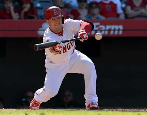 Jun 24, 2015; Anaheim, CA, USA; Los Angeles Angels left fielder Daniel Robertson (44) lays down a sacrifice bunt in the thirteenth inning of the game against the Houston Astros at Angel Stadium of Anaheim. Angels won 2-1. Mandatory Credit: Jayne Kamin-Oncea-USA TODAY Sports