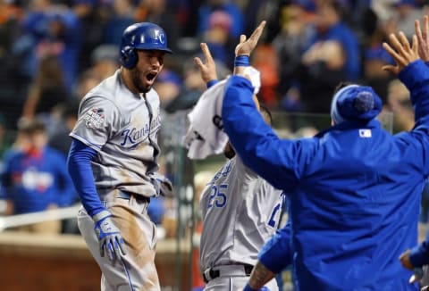 Nov 1, 2015; New York City, NY, USA; Kansas City Royals first baseman Eric Hosmer reacts after scoring the tying run against the New York Mets in the 9th inning in game five of the World Series at Citi Field. Mandatory Credit: Brad Penner-USA TODAY Sports