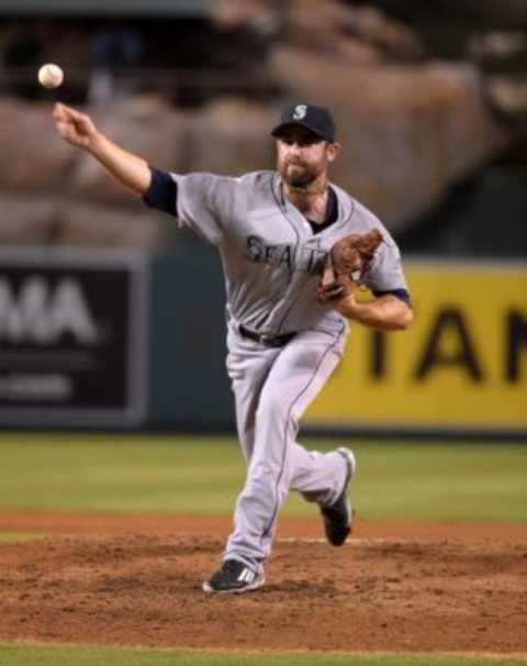 Sep 25, 2015; Anaheim, CA, USA; Seattle Mariners reliever Tony Zych (55) delivers a pitch against the Los Angeles Angels in a MLB game at Angel Stadium of Anaheim. The Angels defeated the Mariners 8-4. Mandatory Credit: Kirby Lee-USA TODAY Sports