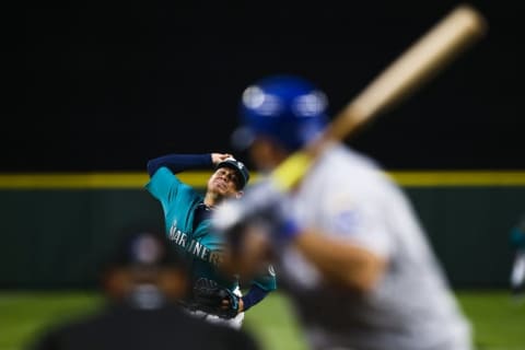 Seattle, WA, USA; Seattle Mariners starting pitcher Felix Hernandez (34) throws the ball against the Kansas City Royals Mandatory Credit: Joe Nicholson-USA TODAY Sports