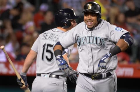 Apr 23, 2016; Anaheim, CA, USA; Seattle Mariners right fielder Nelson Cruz (23) celebrates hitting a solo home run in the 6th inning against the Los Angeles Angels at Angel Stadium of Anaheim. Mandatory Credit: Robert Hanashiro-USA TODAY Sports