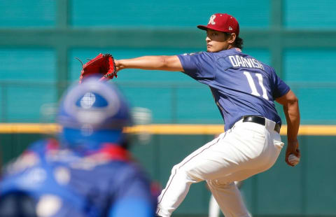 May 1, 2016; Frisco, TX, USA; Frisco RoughRiders starting pitcher Yu Darvish (11) in action against the Corpus Christi Hooks at Dr Pepper Ballpark. Darvish is on a rehab assignment for the Texas Rangers after Tommy John surgery in 2015. Mandatory Credit: Ray Carlin-USA TODAY Sports