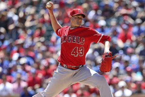 May 1, 2016; Arlington, TX, USA; Los Angeles Angels starting pitcher Garrett Richards (43) throws during the first inning against the Texas Rangers at Globe Life Park in Arlington. Mandatory Credit: Kevin Jairaj-USA TODAY Sports