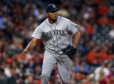 May 6, 2016; Houston, TX, USA; Seattle Mariners relief pitcher Mayckol Guaipe (48) reacts on a play during the third inning against the Houston Astros at Minute Maid Park. Mandatory Credit: Troy Taormina-USA TODAY Sports