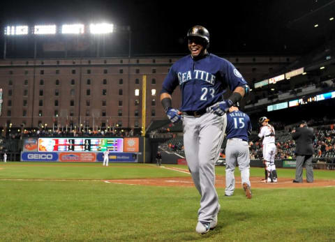 May 17, 2016; Baltimore, MD, USA; Seattle Mariners designated hitter Nelson Cruz (23) reacts after hitting a home run in the sixth inning against the Baltimore Orioles at Oriole Park at Camden Yards. Mandatory Credit: Evan Habeeb-USA TODAY Sports