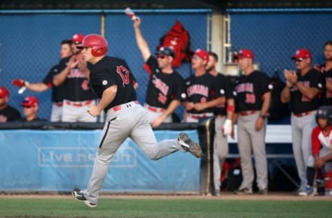 Jul 16, 2015; Toronto, Ontario, CAN; The Canadian dugout reacts as Canada left fielder Tyler O Neill (13) hits a solo home run in the fifth inning against Puerto Rico during the 2015 Pan Am Games at Ajax Pan Am Ballpark. Mandatory Credit: Tom Szczerbowski-USA TODAY Sports