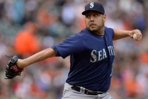 May 19, 2016; Baltimore, MD, USA; Seattle Mariners relief pitcher Vidal Nuno (38) pitches during the seventh inning against the Baltimore Orioles at Oriole Park at Camden Yards. Seattle Mariners defeated Baltimore Orioles 7-2. Mandatory Credit: Tommy Gilligan-USA TODAY Sports