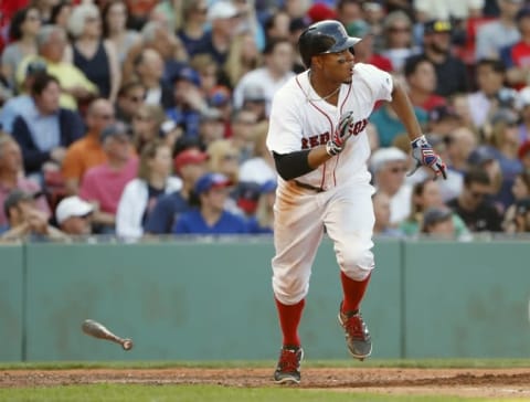 Jun 4, 2016; Boston, MA, USA; Boston Red Sox shortstop Xander Bogaerts (2) watches his single against the Toronto Blue Jays during the seventh inning at Fenway Park. Mandatory Credit: Winslow Townson-USA TODAY Sports