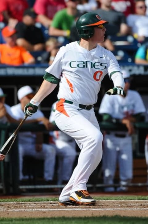 Jun 15, 2015; Omaha, NE, USA; Miami Hurricanes catcher Zack Collins (0) watches a ball in the 2015 College World Series at TD Ameritrade Park. Mandatory Credit: Steven Branscombe-USA TODAY Sports