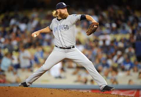 July 8, 2016; Los Angeles, CA, USA; San Diego Padres starting pitcher Andrew Cashner (34) throws in the second inning against Los Angeles Dodgers at Dodger Stadium. Mandatory Credit: Gary A. Vasquez-USA TODAY Sports