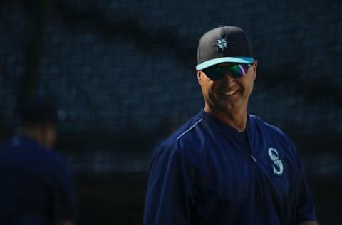 Aug 23, 2016; Seattle, WA, USA; Seattle Mariners manager Scott Servais (9) talks during batting practice before a game against the New York Yankees at Safeco Field. Mandatory Credit: Joe Nicholson-USA TODAY Sports