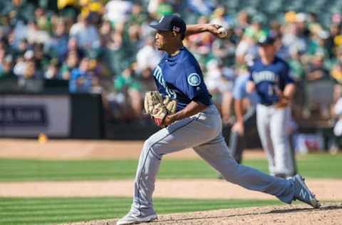 Sep 11, 2016; Oakland, CA, USA; Seattle Mariners relief pitcher Edwin Diaz (39) pitches the ball against the Oakland Athletics during the ninth inning at Oakland Coliseum. The Seattle Mariners defeated the Oakland Athletics 3-2. Mandatory Credit: Kelley L Cox-USA TODAY Sports