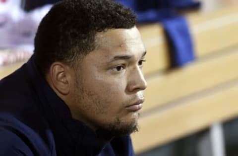 Sep 13, 2016; Anaheim, CA, USA; Seattle Mariners pitcher starting Taijuan Walker (44) looks on in the dugout during the sixth inning against the Los Angeles Angels at Angel Stadium of Anaheim. Mandatory Credit: Richard Mackson-USA TODAY Sports