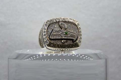 Jan 29, 2015; Phoenix, AZ, USA; General view of Super Bowl XLVIII championship ring to commemorate the Seattle Seahawks 43-8 victory over the Denver Broncos on February 2, 2014 on display at the NFL Experience at the Phoenix Convention Center. Mandatory Credit: Kirby Lee-USA TODAY Sport