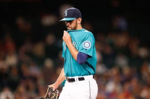 May 13, 2016; Seattle, WA, USA; Seattle Mariners relief pitcher Steve Cishek (31) reacts after giving up two runs in the ninth inning against the Los Angeles Angels at Safeco Field. The Angels won 7-6. Mandatory Credit: Jennifer Buchanan-USA TODAY Sports