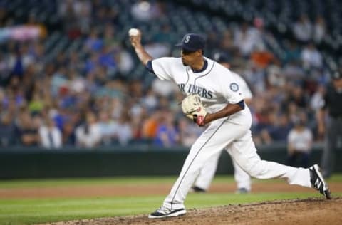 Jun 6, 2016; Seattle, WA, USA; Seattle Mariners relief pitcher Edwin Diaz (39) throws against the Cleveland Indians during the seventh inning at Safeco Field. Mandatory Credit: Joe Nicholson-USA TODAY Sports