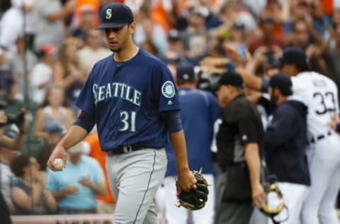 Jun 23, 2016; Detroit, MI, USA; Seattle Mariners relief pitcher Steve Cishek (31) walks off the field after he gives up the winning run on a wild pitch in the 10th inning against the Detroit Tigers at Comerica Park. Detroit won 5-4. in ten innings. Mandatory Credit: Rick Osentoski-USA TODAY Sports