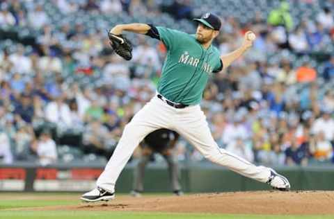 Jul 15, 2016; Seattle, WA, USA; Seattle Mariners starting pitcher James Paxton (65) pitches against the Houston Astros during the first inning at Safeco Field. Mandatory Credit: Steven Bisig-USA TODAY Sports