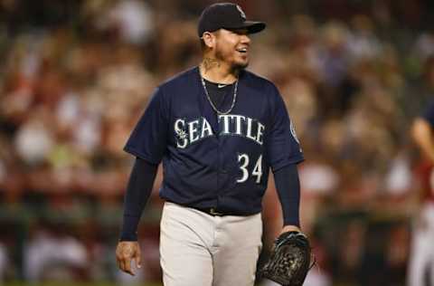 Aug 15, 2016; Anaheim, CA, USA; Seattle Mariners starting pitcher Felix Hernandez (34) reacts after he is taken out of the game during the seventh inning against the Los Angeles Angels at Angel Stadium of Anaheim. Mandatory Credit: Kelvin Kuo-USA TODAY Sports