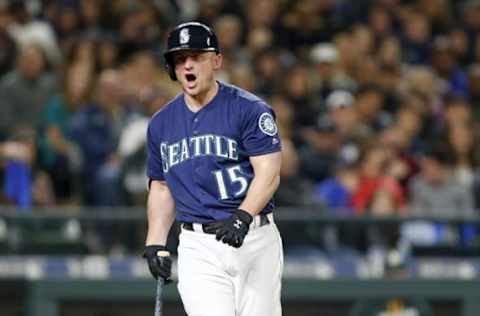 Oct 1, 2016; Seattle, WA, USA; Seattle Mariners third baseman Kyle Seager (15) yells out after striking out against the Oakland Athletics to end the fifth inning at Safeco Field. Mandatory Credit: Jennifer Buchanan-USA TODAY Sports