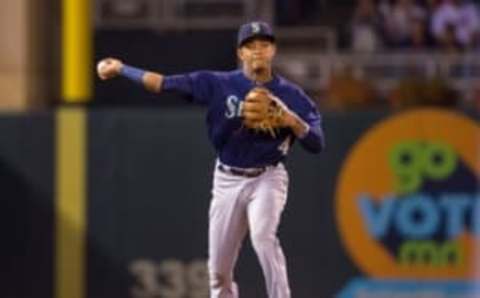 Sep 23, 2016; Minneapolis, MN, USA; Seattle Mariners shortstop Ketel Marte (4) throws to first base in the third inning against the Minnesota Twins at Target Field. Mandatory Credit: Brad Rempel-USA TODAY Sports